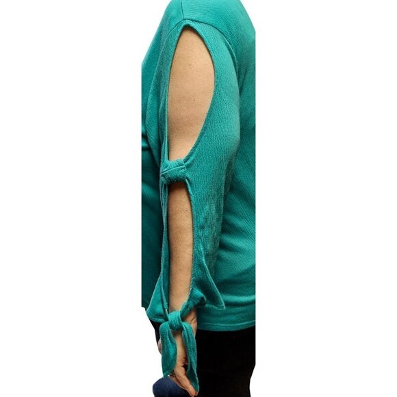 Cato Women's Plus Size Textured Green Cold Shoulder Tie Sleeve Top - Picture 3 of 7